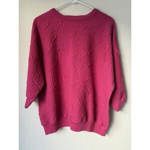 VINTAGE 80s Women Sweater XL Neon Pink Textured Long Sleeve Crew Neck